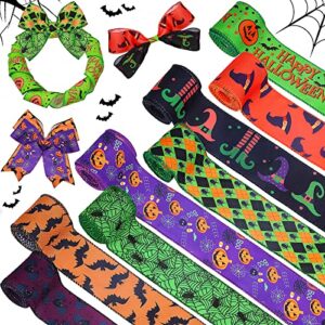 8 rolls halloween ribbon printed with spotted purple spider webs pumpkin bats pumpkin spider webs, 80 yards(8 roll x 5 yd) * 2.5 inch grosgrain ribbon for halloween wreath diy and party decor.
