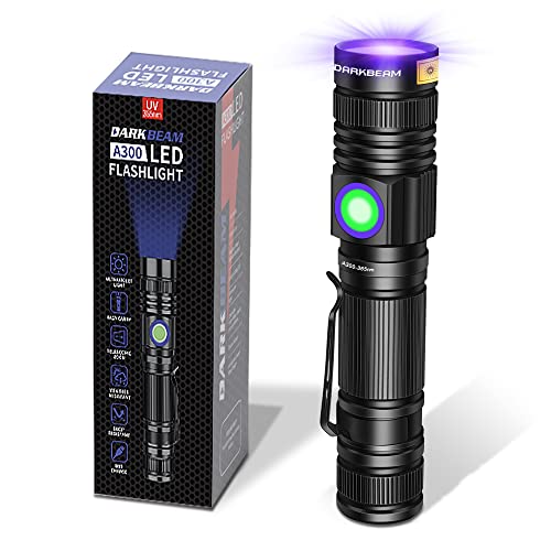 DARKBEAM UV Blacklight 365 Flashlight Rechargeable USB Woods lamp, Handheld LED Ultraviolet Black Light 370nm Portable Pocket with Clip, Detector for Pet Urine, Stains, Gem, Rocks, Money, Resin Curing