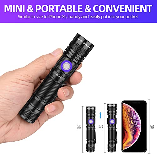 DARKBEAM UV Blacklight 365 Flashlight Rechargeable USB Woods lamp, Handheld LED Ultraviolet Black Light 370nm Portable Pocket with Clip, Detector for Pet Urine, Stains, Gem, Rocks, Money, Resin Curing