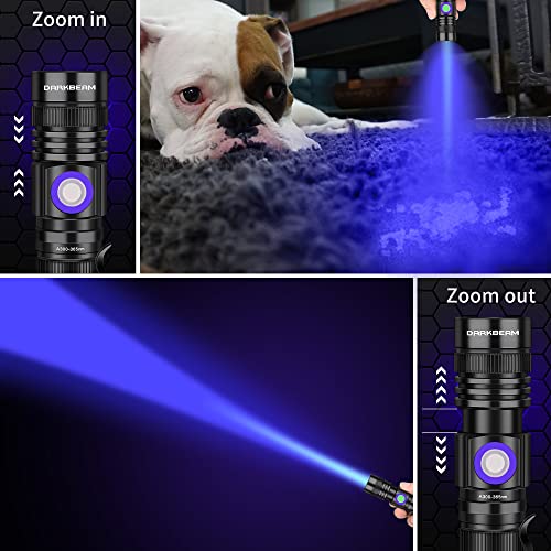 DARKBEAM UV Blacklight 365 Flashlight Rechargeable USB Woods lamp, Handheld LED Ultraviolet Black Light 370nm Portable Pocket with Clip, Detector for Pet Urine, Stains, Gem, Rocks, Money, Resin Curing