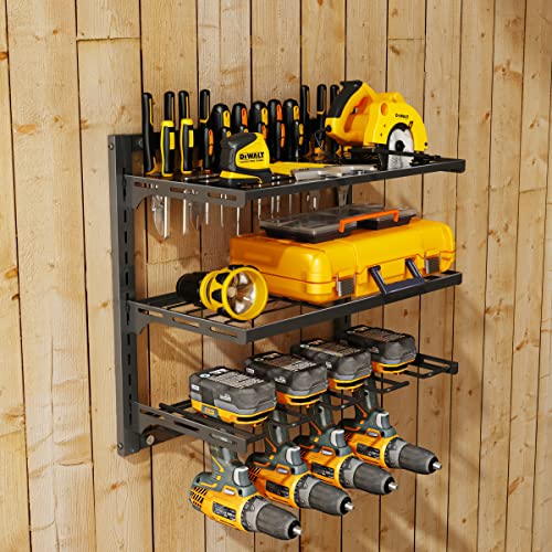 Power Tool Organizer Wall Mount,3 Layer Garage Tool Organizer and Storage Rack,Drill Holder Wall Mount,Heavy Duty Metal Tool Rack for Cordless Drill,Adjustable Garage Shelf Organization and Storage