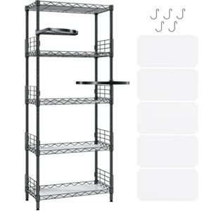 linsy home 5-tier storage shelves with 2 rotatable shelves, height adjustable metal pantry shelves with 5 hooks and shelf liners, heavy duty metal shelving, wire shelving for kitchen, bathroom -dark