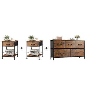 wlive two nightstand and 5-drawer dresser set, abric dresser, storage organizer unit with fabric bins for closet, living room, hallway, nursery, easy assembly, rustic brown wood grain print
