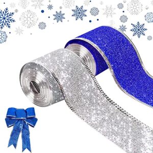 wired ribbon christmas ribbon wired edge 2”x 60 ft(2 rolls x 30ft) glitter ribbon for gift wrapping christmas tree ribbon party decor wreath bows crafting supplies(sliver, blue)