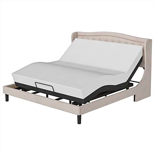 HOSTACK Queen Size Bed Frame, Modern Upholstered Platform Bed with Wingback Headboard, Heavy Duty Button Tufted Bed Frame with Wood Slat Support, Easy Assembly, No Box Spring Needed(Beige, Queen)