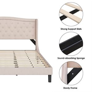 HOSTACK Queen Size Bed Frame, Modern Upholstered Platform Bed with Wingback Headboard, Heavy Duty Button Tufted Bed Frame with Wood Slat Support, Easy Assembly, No Box Spring Needed(Beige, Queen)