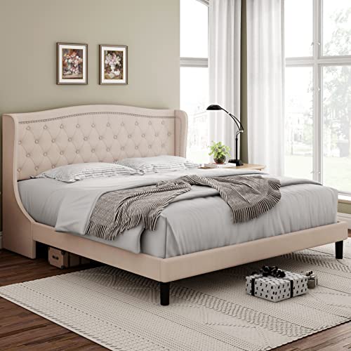 HOSTACK Queen Size Bed Frame, Modern Upholstered Platform Bed with Wingback Headboard, Heavy Duty Button Tufted Bed Frame with Wood Slat Support, Easy Assembly, No Box Spring Needed(Beige, Queen)