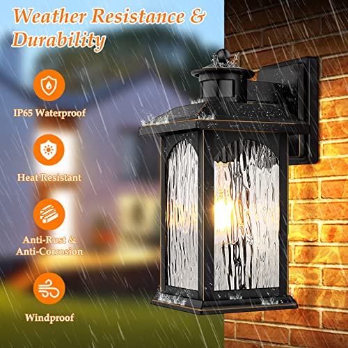 2 Packs Motion Sensor Outdoor Sconce - Advanced Dusk to Dawn Outdoor Lighting, Retro Motion Sensor Porch Light Fixtures, Black Waterproof Exterior Lantern Wall Mount for Garage, Outside, Anti-Rust