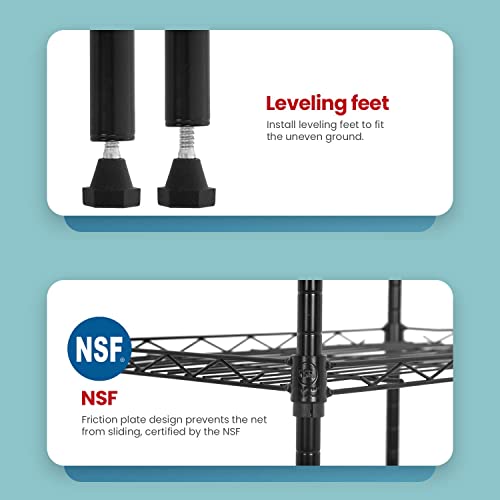 Adjustable NSF-Certified Metal Shelf Wire Shelving Unit Storage for Small Places Restaurant Garage Pantry Kitchen Garage Rack (Black, 21.5L x 11.6W x 47.6H)