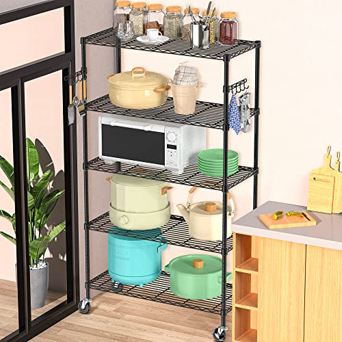 5 Tier Storage Shelves with Wheels - Metal Shelves for Storage Heavy Duty Adjustable Wire Shelving Unit Storage Shelf Organizer Storage Rack for Kitchen Garage Pantry Closet Laundry(36L x 14W x 75H)