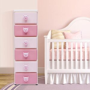 loyalheartdy plastic drawers dresser, 6 drawers dressers chests with wheels, pink storage closet cabinet clothes toys snacks organizer for bedroom, living room, playroom(pink pig handle)