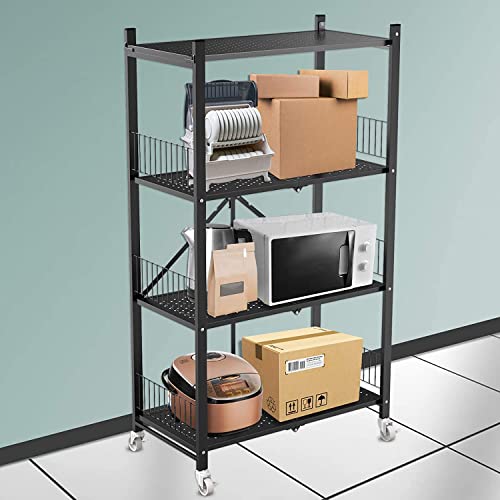 GUUVOR Kitchen Storage Rack,4 Tier Shelf,Bakers Rack,Pantry Shelf Organizer Metal Shelving With Wheels,Removable,No Assembly Required,Garage Shelving Black Storage Shelves For Cabinets,Bathroom,Garage