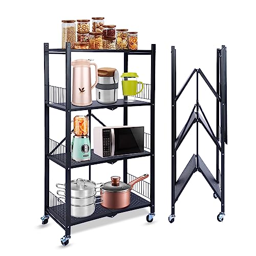 GUUVOR Kitchen Storage Rack,4 Tier Shelf,Bakers Rack,Pantry Shelf Organizer Metal Shelving With Wheels,Removable,No Assembly Required,Garage Shelving Black Storage Shelves For Cabinets,Bathroom,Garage