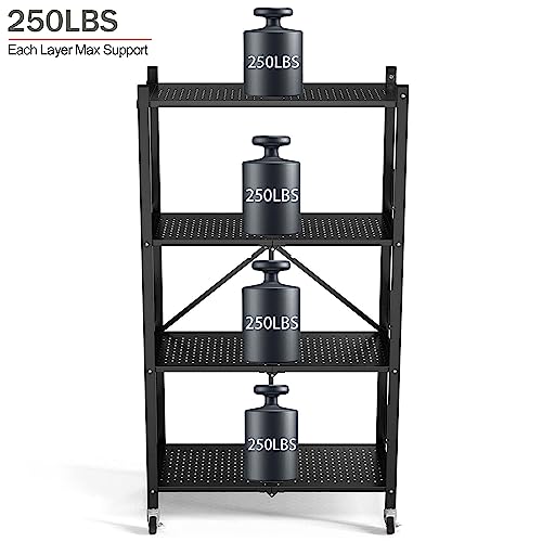 GUUVOR Kitchen Storage Rack,4 Tier Shelf,Bakers Rack,Pantry Shelf Organizer Metal Shelving With Wheels,Removable,No Assembly Required,Garage Shelving Black Storage Shelves For Cabinets,Bathroom,Garage