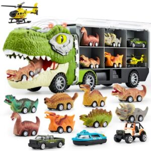 joyin 13 in 1 dinosaur truck for kids, with 12 pull back dinosaur car vehicles, toy dinosaur transport carrier truck with music and roaring sound, flashing lights, mini dinosaur car set, helicopter