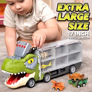 JOYIN 13 in 1 Dinosaur Truck for Kids, with 12 Pull Back Dinosaur Car Vehicles, Toy Dinosaur Transport Carrier Truck with Music and Roaring Sound, Flashing Lights, Mini Dinosaur Car Set, Helicopter