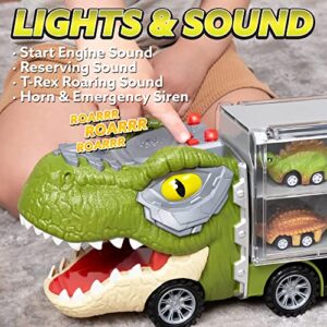 JOYIN 13 in 1 Dinosaur Truck for Kids, with 12 Pull Back Dinosaur Car Vehicles, Toy Dinosaur Transport Carrier Truck with Music and Roaring Sound, Flashing Lights, Mini Dinosaur Car Set, Helicopter