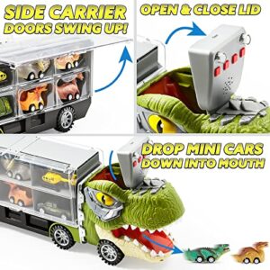 JOYIN 13 in 1 Dinosaur Truck for Kids, with 12 Pull Back Dinosaur Car Vehicles, Toy Dinosaur Transport Carrier Truck with Music and Roaring Sound, Flashing Lights, Mini Dinosaur Car Set, Helicopter