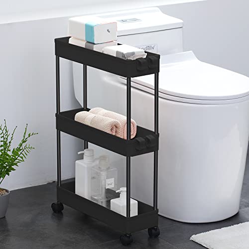 DILUOOU Slim Rolling Storage Cart, 3 Tier Bathroom Rolling Utility Cart, Slide Out Storage Organizer with Wheels for Kitchen Bathroom Laundry Narrow Places