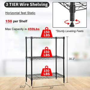 Dlewmsyic 3-Tier Small Wire Shelving Unit, Metal Shelf Height Adjustable 23Lx13.2Wx30.2H 450lbs for Kitchen Pantry Office Rack, Black Storage Shelves