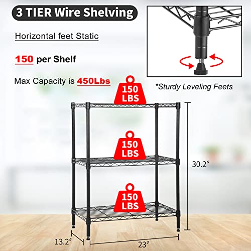 Dlewmsyic 3-Tier Small Wire Shelving Unit, Metal Shelf Height Adjustable 23Lx13.2Wx30.2H 450lbs for Kitchen Pantry Office Rack, Black Storage Shelves