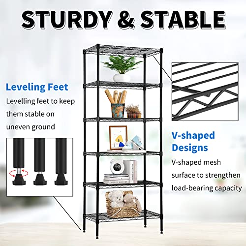 YYkokocat 6-Tier Wire Shelving Unit Detachable Storage Shelves with 8 Adjustable Feet 59" H x 23" x 14" Kitchen Storage Rack Adjustable Metal Shelf for Pantry Closet, 900LB Capacity, Black