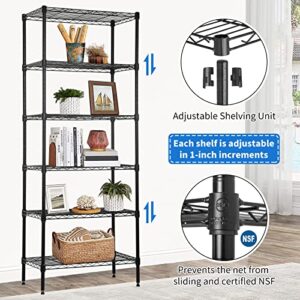 YYkokocat 6-Tier Wire Shelving Unit Detachable Storage Shelves with 8 Adjustable Feet 59" H x 23" x 14" Kitchen Storage Rack Adjustable Metal Shelf for Pantry Closet, 900LB Capacity, Black