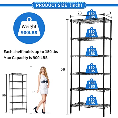 YYkokocat 6-Tier Wire Shelving Unit Detachable Storage Shelves with 8 Adjustable Feet 59" H x 23" x 14" Kitchen Storage Rack Adjustable Metal Shelf for Pantry Closet, 900LB Capacity, Black