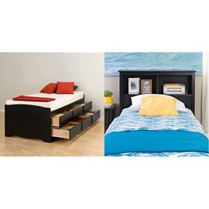 prepac captain's platform storage bed with 6 drawers, twin, black & twin bookcase headboard, black
