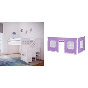 max & lily low loft bed, twin bed frame for kids with stairs, white & cotton underbed curtains, purple & white