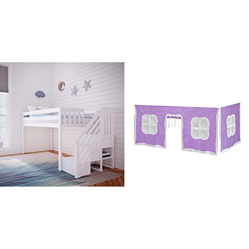 Max & Lily Low Loft Bed, Twin Bed Frame for Kids with Stairs, White & Cotton Underbed Curtains, Purple & White