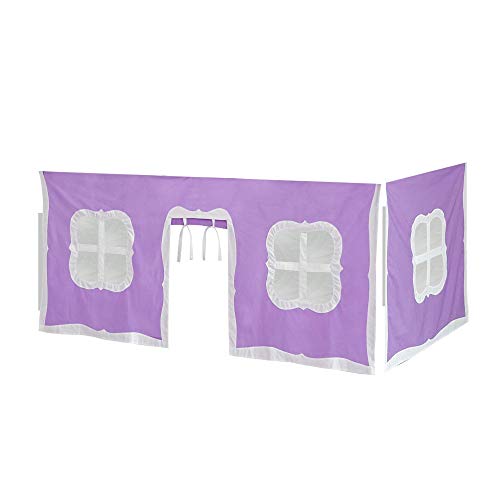 Max & Lily Low Loft Bed, Twin Bed Frame for Kids with Stairs, White & Cotton Underbed Curtains, Purple & White