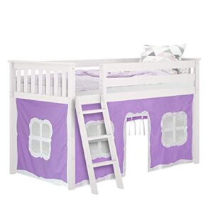 Max & Lily Low Loft Bed, Twin Bed Frame for Kids with Stairs, White & Cotton Underbed Curtains, Purple & White