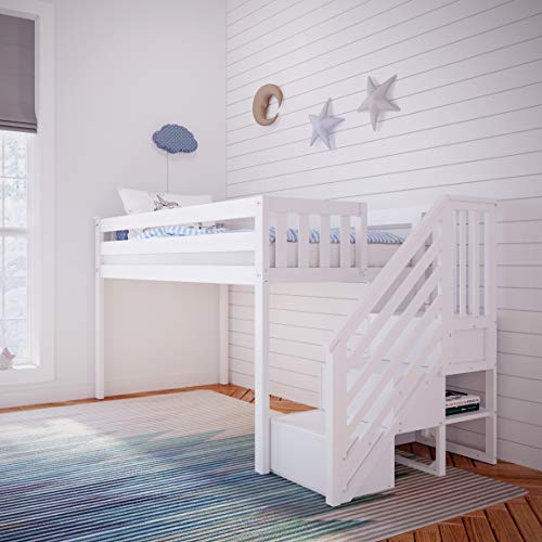 Max & Lily Low Loft Bed, Twin Bed Frame for Kids with Stairs, White & Cotton Underbed Curtains, Purple & White