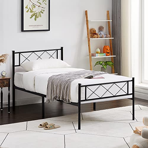 VECELO Metal Platform Bed Frame/Mattress Foundation, Twin Black & Metal Platform Bed Frame Mattress Foundation with Headboard & Footboard/Firm Support & Easy Set up Structure, Twin, Black