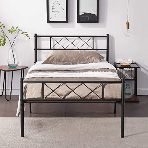 VECELO Metal Platform Bed Frame/Mattress Foundation, Twin Black & Metal Platform Bed Frame Mattress Foundation with Headboard & Footboard/Firm Support & Easy Set up Structure, Twin, Black