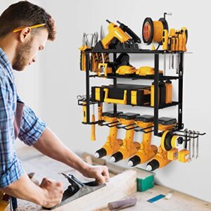 Mefirt Power Tool Organizer, Drill Holder Wall Mount, 4 Layer Heavy Duty Metal Tool Shelf, Garage Tool Organizers and Storage Rack, Utility Storage Rack for Cordless Drill Charging Station
