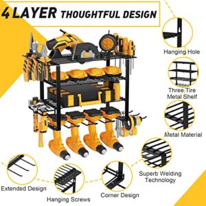 Mefirt Power Tool Organizer, Drill Holder Wall Mount, 4 Layer Heavy Duty Metal Tool Shelf, Garage Tool Organizers and Storage Rack, Utility Storage Rack for Cordless Drill Charging Station