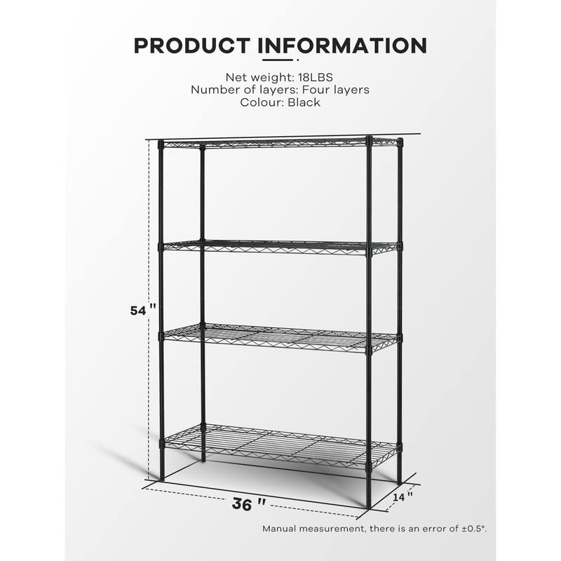 4-Tier Shelf Adjustable, Heavy Duty Storage Shelving Unit (250 Lbs Loading Capacity Per Shelf) Metal Shelves Steel Organizer Wire Rack Shelf for Pantry Garage Kitchen