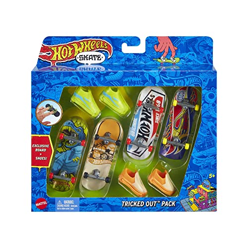 Hot Wheels Skate Tricked Out Pack, 4 Hot Wheels-Themed Fingerboards & 2 Pairs of Skate Shoes, Includes 1 Exclusive Set (Styles May Vary)