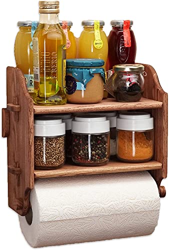 Wood Wedge, Premium 2-Tier Spice Rack, Wooden Shelf for The Wall Wooden Holder for Kitchen, Bathroom, Garage Organizer Made of Europa 100% Ash Wood with Metal Hooks, Shelf for Storage 11"x10.2"