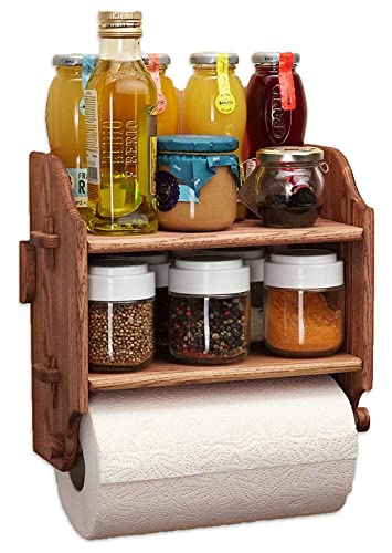 Wood Wedge, Premium 2-Tier Spice Rack, Wooden Shelf for The Wall Wooden Holder for Kitchen, Bathroom, Garage Organizer Made of Europa 100% Ash Wood with Metal Hooks, Shelf for Storage 11"x10.2"