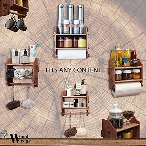 Wood Wedge, Premium 2-Tier Spice Rack, Wooden Shelf for The Wall Wooden Holder for Kitchen, Bathroom, Garage Organizer Made of Europa 100% Ash Wood with Metal Hooks, Shelf for Storage 11"x10.2"