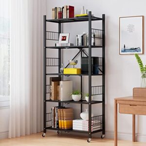 molyhom folding storage shelves, 5-tier metal collapsible shelves with wheels, shelving units and storage rack, rolling shelf no assembly…