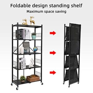 MOLYHOM Folding Storage Shelves, 5-Tier Metal Collapsible Shelves with Wheels, Shelving Units and Storage Rack, Rolling Shelf No Assembly…