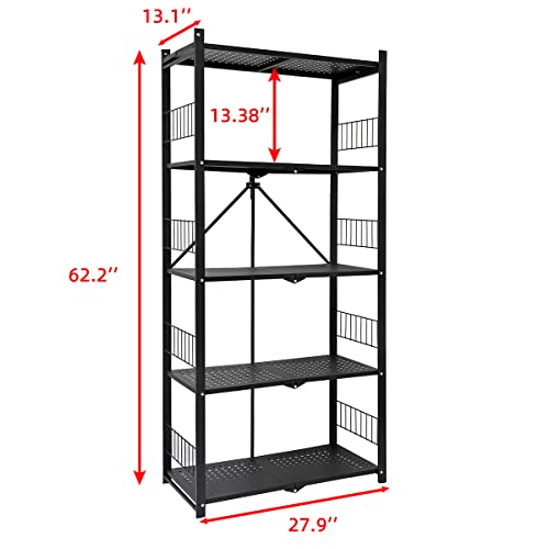 MOLYHOM Folding Storage Shelves, 5-Tier Metal Collapsible Shelves with Wheels, Shelving Units and Storage Rack, Rolling Shelf No Assembly…