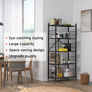 MOLYHOM Folding Storage Shelves, 5-Tier Metal Collapsible Shelves with Wheels, Shelving Units and Storage Rack, Rolling Shelf No Assembly…