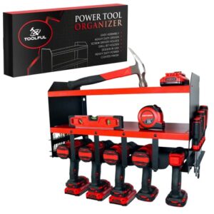 power tool organizer wall mount – durable 3 layer tool storage for cordless power drills – power coated steel utility shelf w/drill bit & screw organizer – garage shelves for tool organization - red