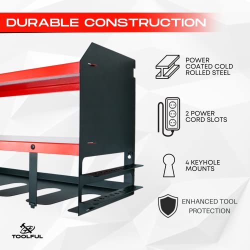 Power Tool Organizer Wall Mount – Durable 3 Layer Tool Storage for Cordless Power Drills – Power Coated Steel Utility Shelf w/Drill Bit & Screw Organizer – Garage Shelves for Tool Organization - Red