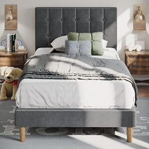 likimio twin bed frames, velvet upholstered twin platform bed frame with headboard and strong wooden slats, no box spring needed/noise-free/easy assembly, grey